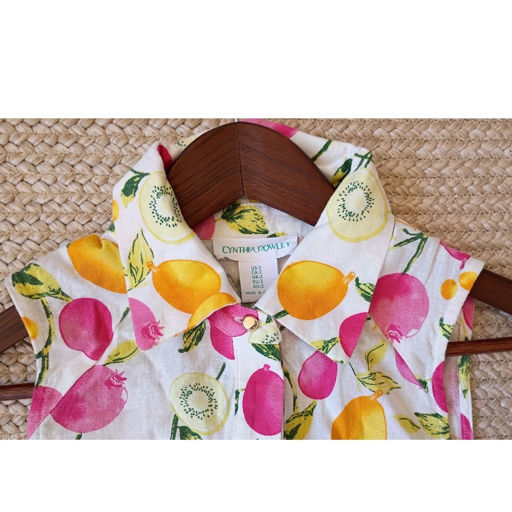 Cynthia‎ Rowley Fruit Print Linen Blend Tiered Mini Dress Size 2 Tropical Summer - Picture 4 of 7